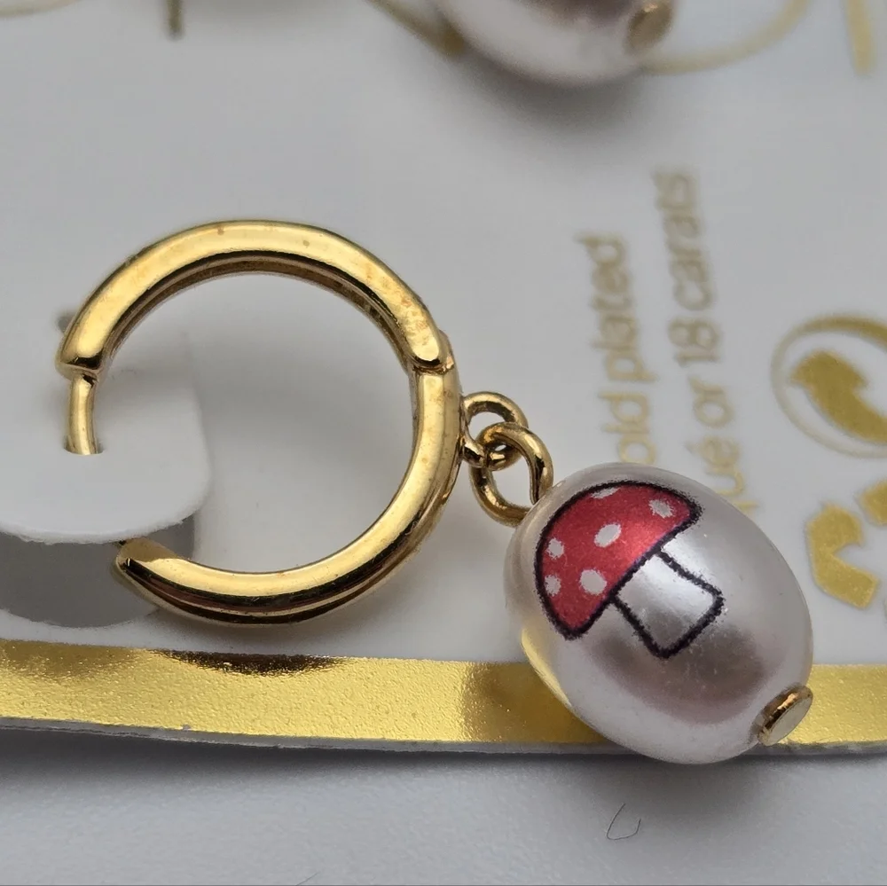 Icing Gold-Plated Mushroom Hoop Earrings w/ Faux Pearl Charms - Picture 6 of 7